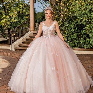 New Sleeveless Quinceanera Tulle Gown w/ Butterfly Applqiue & Back Bow DQ 1879